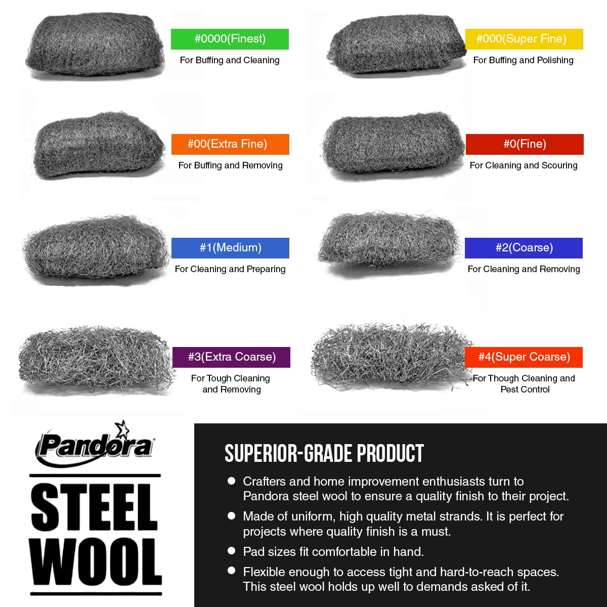 Pandora Steel Wool #0000 - Finest Grade, 16 Pads for Buffing and Cleaning - High-Quality Metal Strands - Perfect for Windows, Furniture, and Automotive Detailing