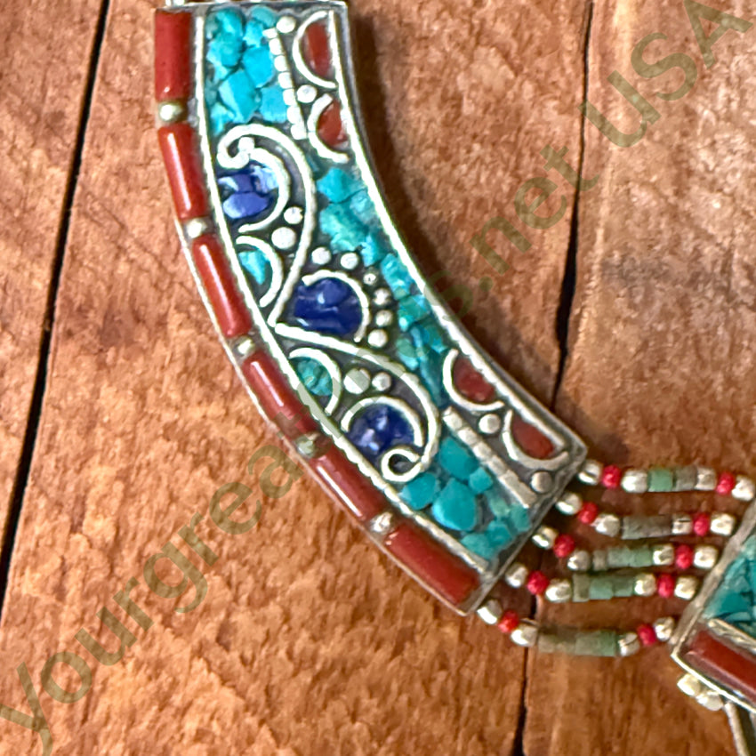 Handmade Tibetan Alpaca Silver Necklace with Turquoise & Coral Beads - Elegant Boho Jewelry for Women, Perfect for Festivals, Weddings & Special Occasions