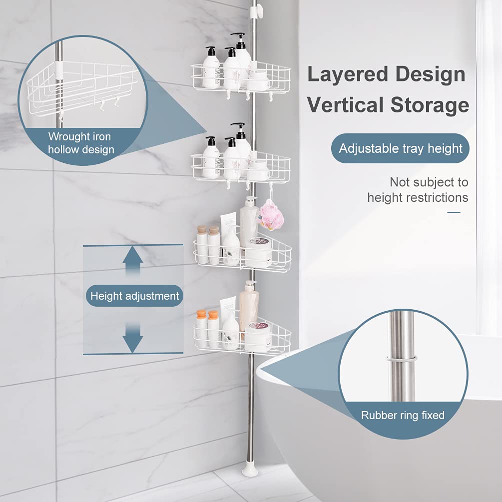 BAOYOUNI 4-Tier Adjustable Shower Caddy Tension Pole Corner Shelf - Bathroom Organizer for Shampoo, Soap & Toiletries - No Drilling Space-Saving Floor to Ceiling Storage Rack - Perfect for Small Bathrooms & Bathtub Organization (White)