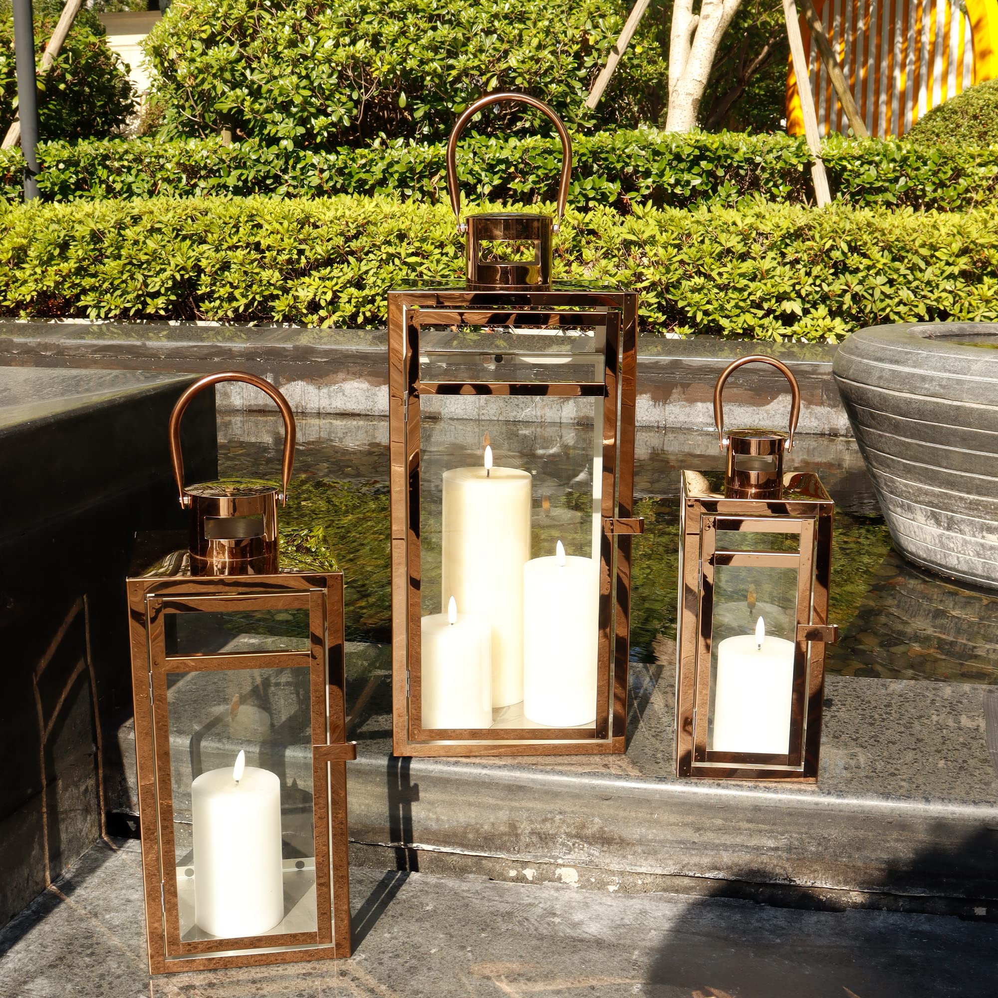 TRIROCKS Set of 3 Stainless Steel Candle Lanterns - 19 Inch Tall Metal Candle Holders with Clear Glass Panels for Home Decor, Living Room, Wedding, Party, Indoor & Outdoor Use (Rose Gold) - Perfect for Dining Table, Garden, Patio, and Fireplace Decor