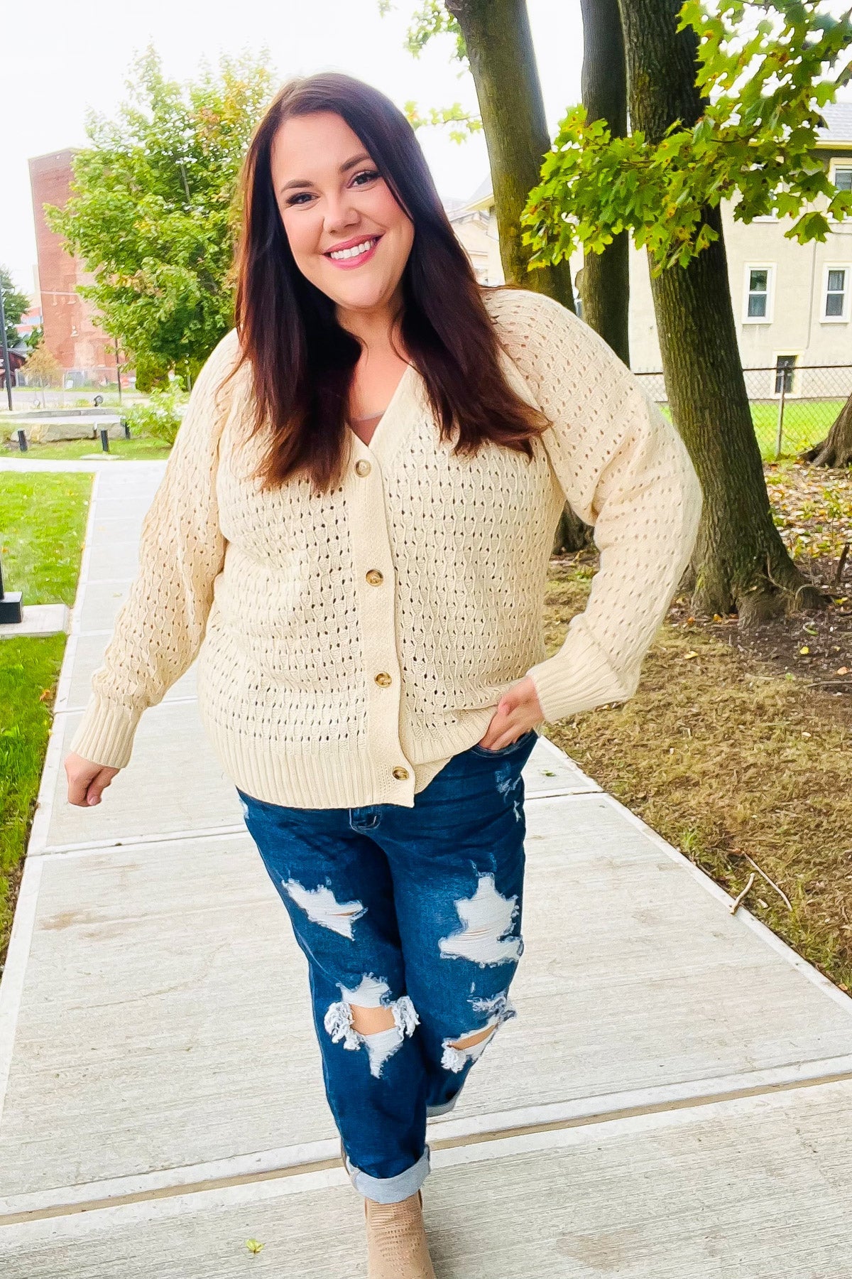 Follow Me Oatmeal Pointelle Knit Button Down Cardigan - Cozy Women's Sweater for Fall & Winter | Perfect for Office, Date Night & Casual Outfits