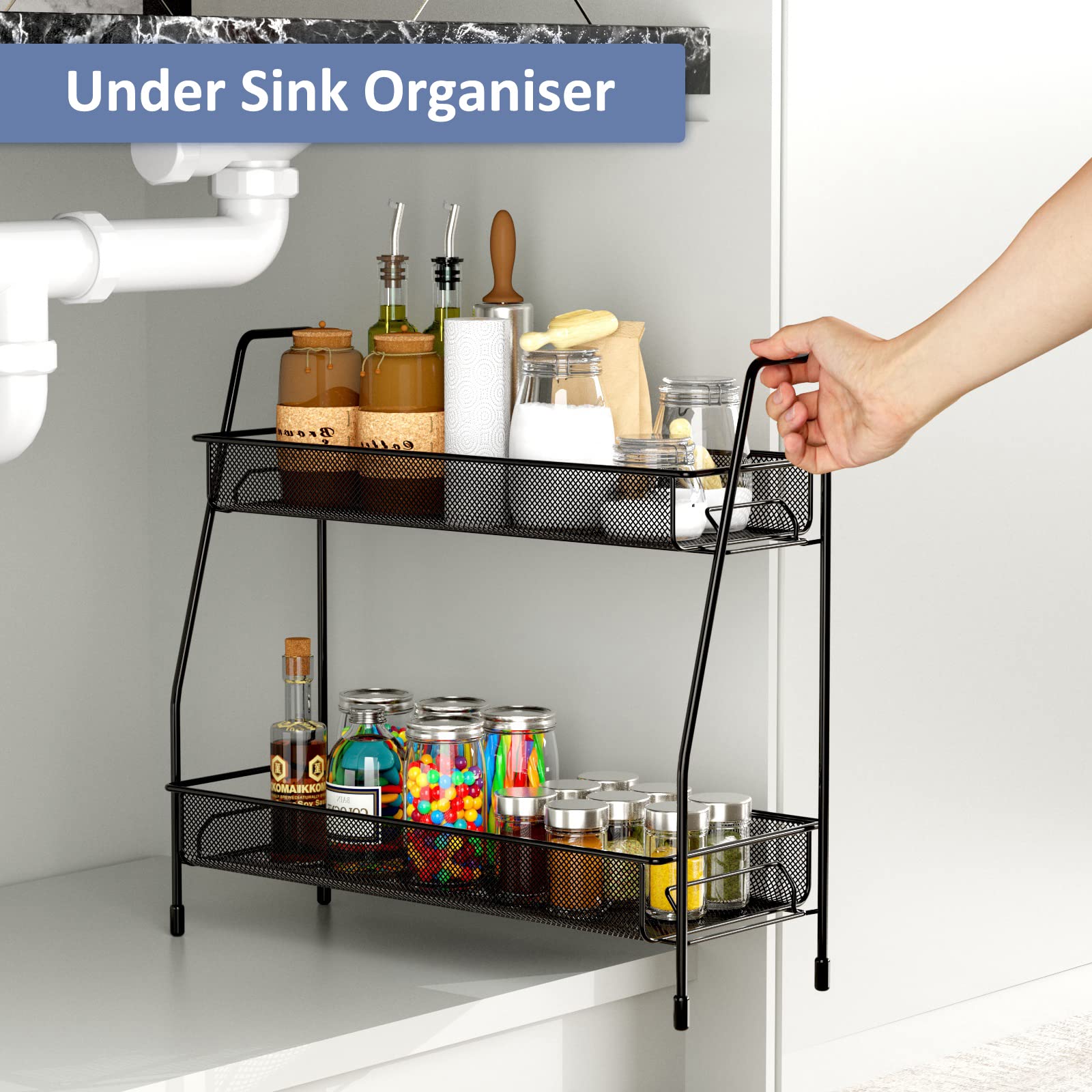 EKNITEY 2-Tier Spice Rack Organizer - Countertop & Bathroom Storage Shelf for Kitchen, Makeup, Office Supplies | Compact Space-Saving Design for Small Kitchens, Vanities & Workstations (Black)