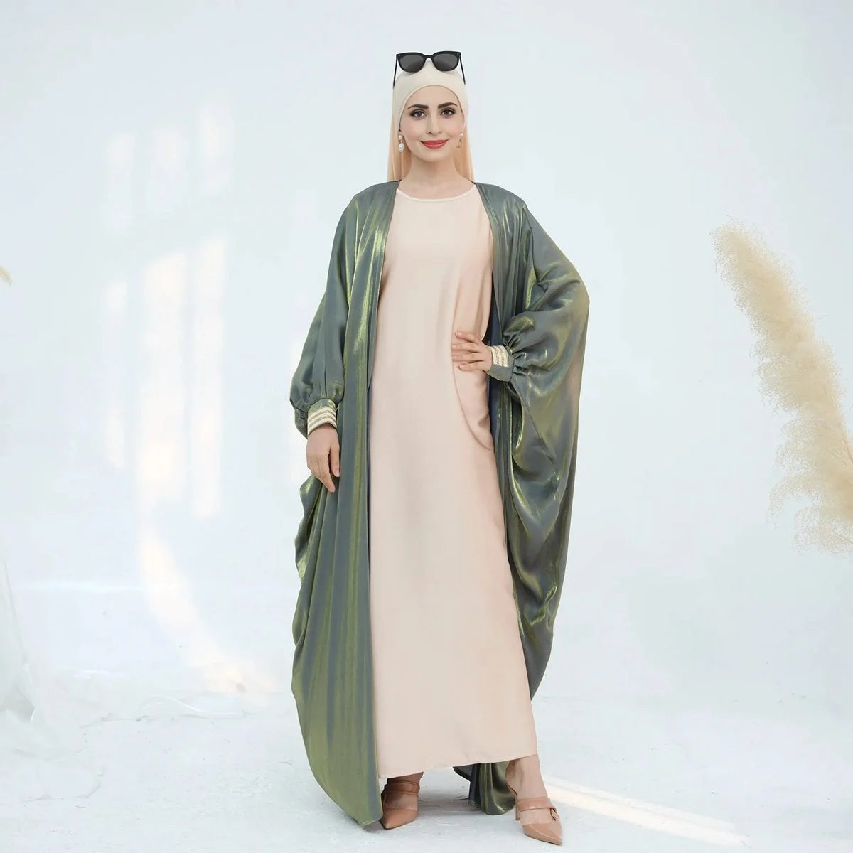 Gleam Cardigan Open Abaya Dress #25848 - Elegant Muslim Women's Long Kimono Cover-Up for Prayer, Home & Special Occasions
