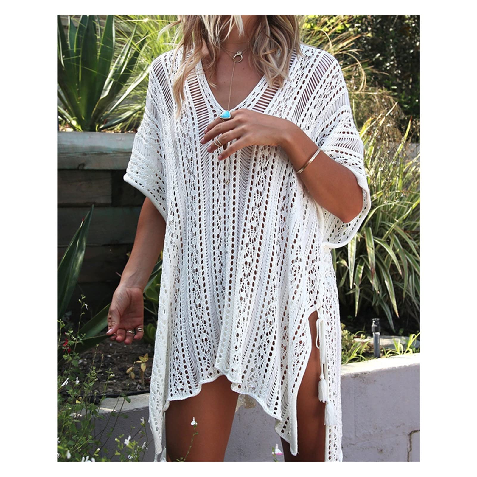 JHHDP Women's Sexy Crochet Lace Bikini Cover Up - Floral White & Black Beach Swimwear, Summer Dress & Bathing Suit for Pool, Vacation & Tropical Getaways (One Size)