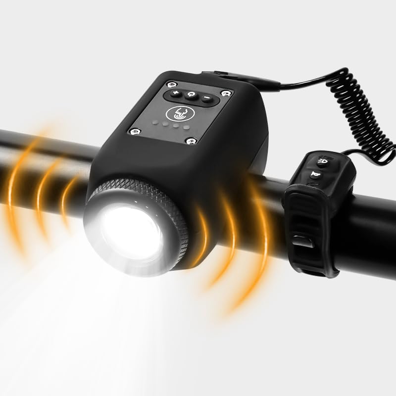 YUKI 110dB Electric Bike Horn with LED Front Light - 2-in-1 Rechargeable Bicycle Accessory, 6 Sound Modes, Waterproof for Mountain/Road Bikes - Perfect for Commuting, Night Riding & Safety Alerts (Kids/Adults)