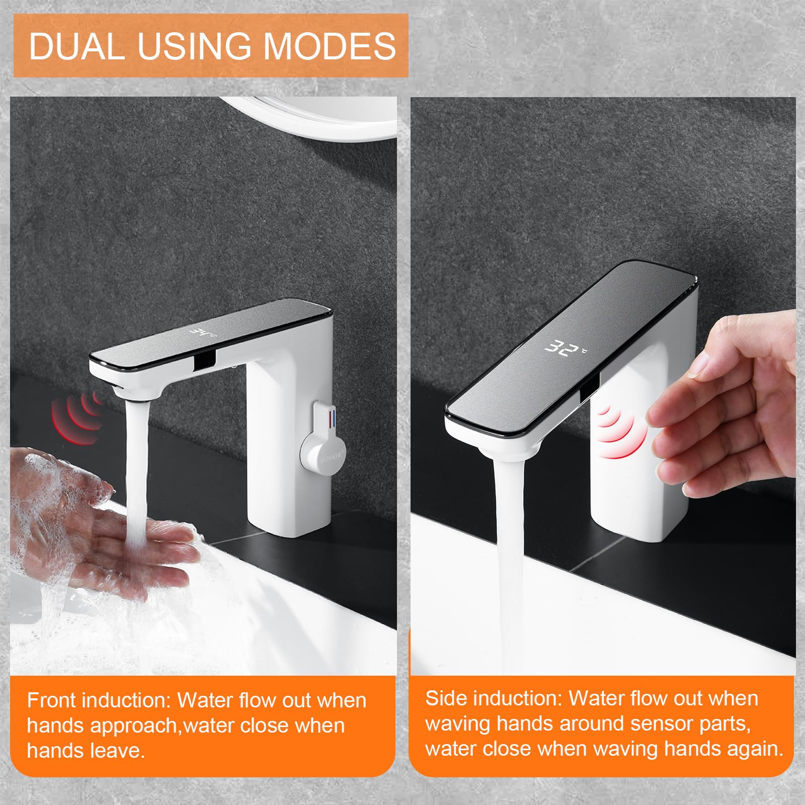 RUVIDA Smart Sensor Bathroom Faucet with Digital Temperature Display - Single Hole Waterfall Basin Faucet for Bathroom Sink - Modern White Touchless Faucet for Home, Hotel, and Public Restrooms
