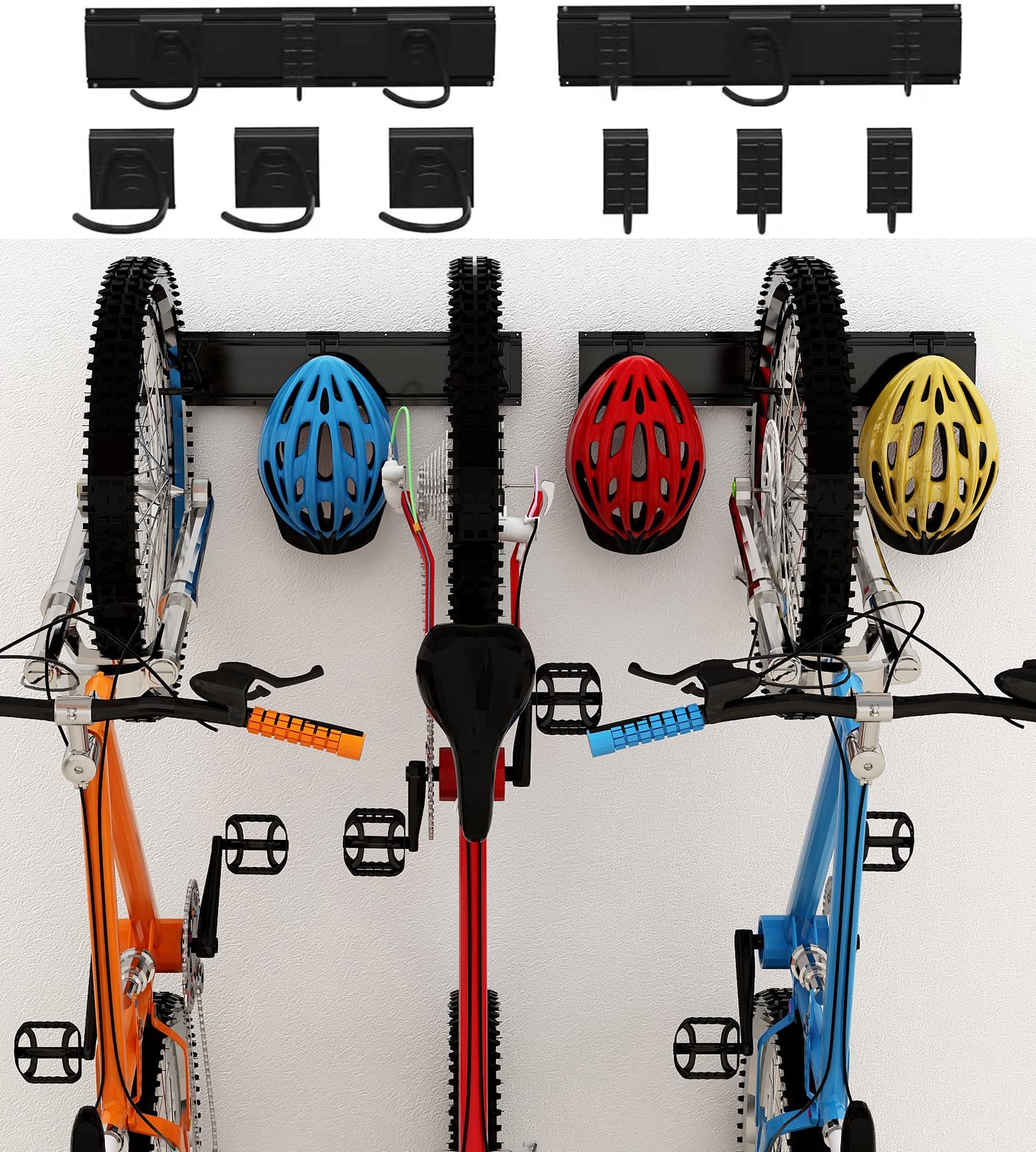 DIRZA Heavy Duty Bike Storage Rack Wall Mount - Adjustable Garage Bike Hanger for 3 Bicycles (300lbs Capacity) - Space Saving Indoor Bike Organizer with 3 Hooks + 3 Accessory Hooks - Perfect for Garage, Basement, Apartment & Small Spaces