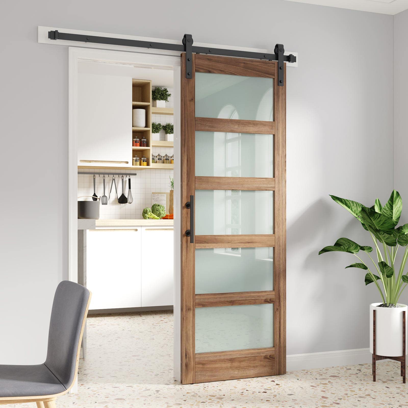 FREDBECK 32 x 84 Inch Frosted Glass Barn Door with Hardware Kit - 5-Panel Waterproof Sliding Door for Bedroom, Bathroom or Closet - Easy Assembly with Pre-Drilled Holes - Fits 29-30 Inch Openings