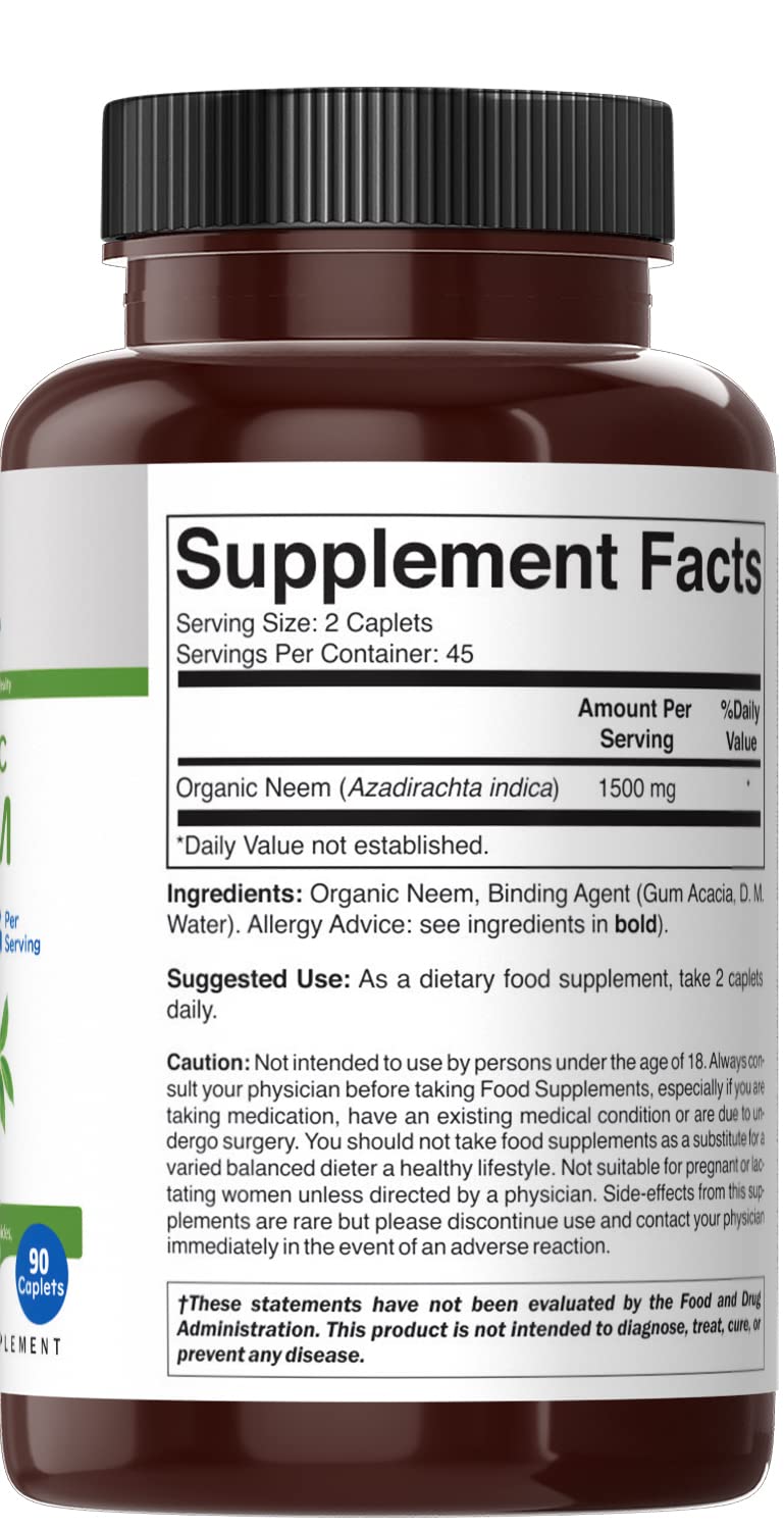 Brieofood Organic Neem 1500mg Supplement - 90 Vegetarian Tablets (45 Servings) | Gluten-Free, Vegan-Friendly | Supports Skin Health & Immune System - Perfect for Daily Wellness Routine & Ayurvedic Practices