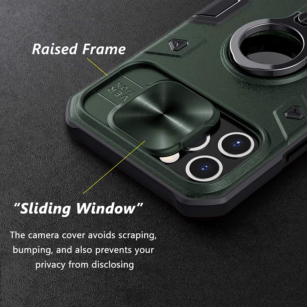 CloudValley iPhone 12 Pro Max Case with Camera Cover & Kickstand - Military Grade Armor Protection, 360° Rotating Ring Stand, Shockproof & Impact Resistant - Perfect for Outdoor Adventures, Travel & Daily Protection (Green)
