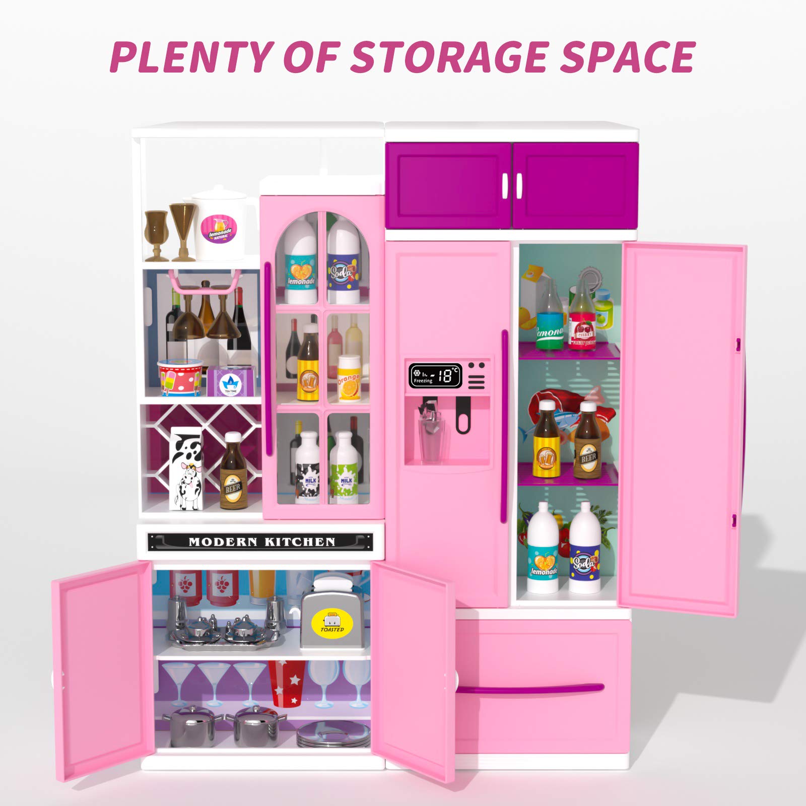 TEMI 56-Piece Pink Kids Kitchen Playset with Lights & Sounds - 5-in-1 Mini Toy Kitchen for Girls Ages 3-6, Compatible with 11-12 Inch Dolls - Pretend Play, Birthday Gift & Role-Playing Fun