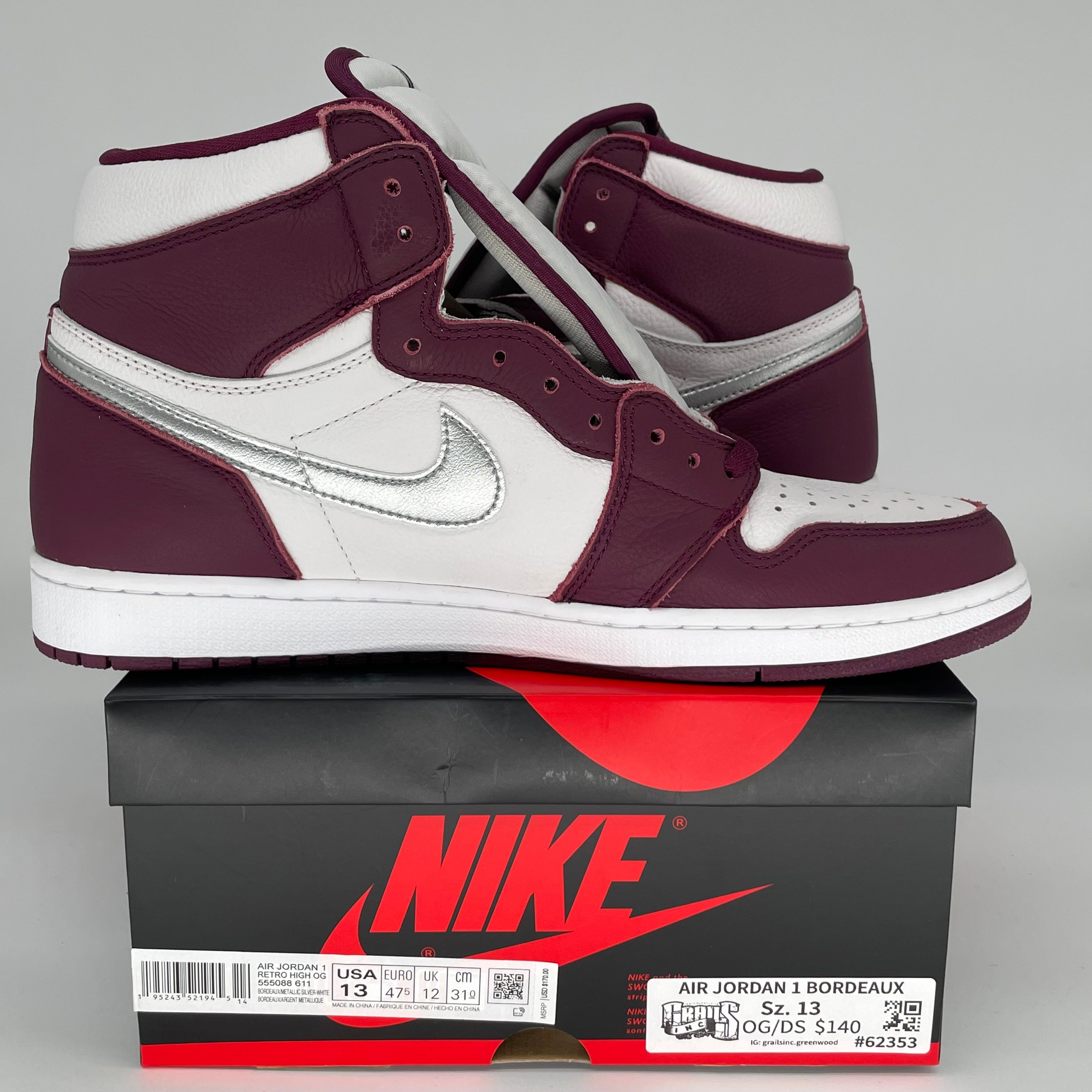 AIR JORDAN 1 Bordeaux Red Men's Basketball Shoes Size 13 - Retro High OG 555088-611 for Sneaker Collectors & Streetwear Fashion