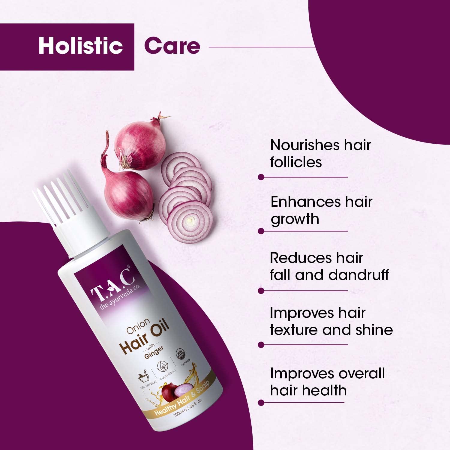 TAC - The Ayurveda Co. Onion Hair Oil for Hair Growth & Hair Fall Control with Black Seed & Plant-Based Biotin | Mineral Oil Free, 100ml | Promotes Thicker, Stronger Hair for Daily Hair Care Routine