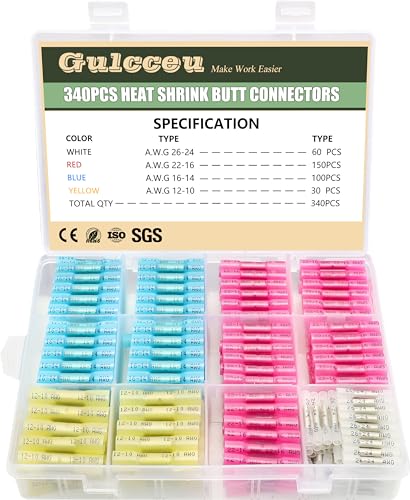 340PCS Gulcceu Heat Shrink Butt Connectors - Waterproof Electrical Wire Connectors Kit for Marine, Automotive & Motorcycle (26-10 AWG) - Tinned Copper Terminals for Reliable Connections - Perfect for Boat Wiring, Car Audio Installations & Outdoor Electrical Projects