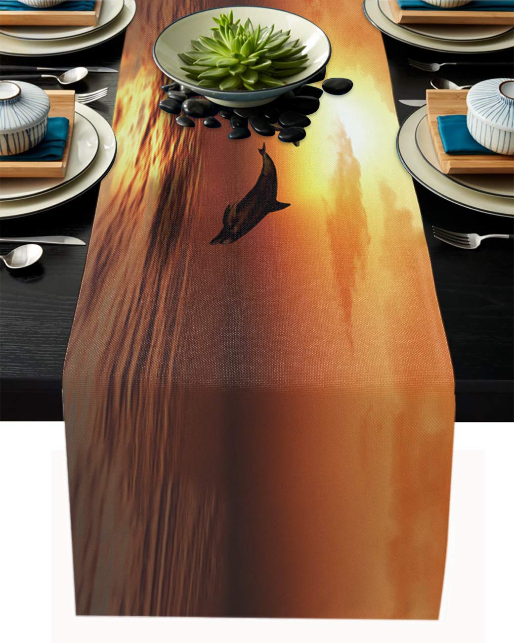 72 Inch Long Sea Sunset Dolphin Print Farmhouse Table Runner - Perfect for Dining, Coffee Tables, Weddings & Graduation Parties | Waterproof & Washable Kitchen Decor