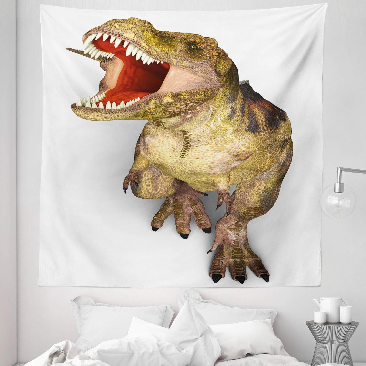 Ambesonne Dinosaur Tapestry Queen Size 88x88 Inches - Realistic Roaring T-Rex Wall Hanging with Sharp Teeth, Army Green & Scarlet Tan Bedspread & Wall Decor for Bedroom, Living Room, Dorm