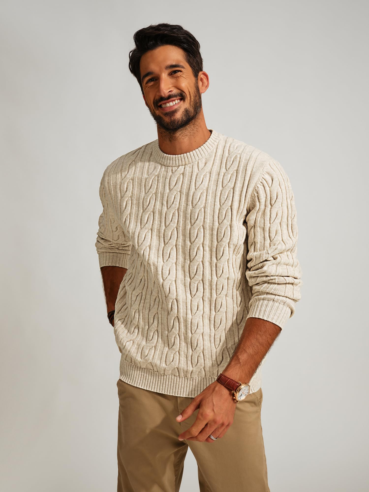 PJ PAUL JONES Men's Cable Knit Crewneck Sweater - Soft Casual Pullover Winter Warm Textured Sweater for Office, Dating & Outdoor Activities