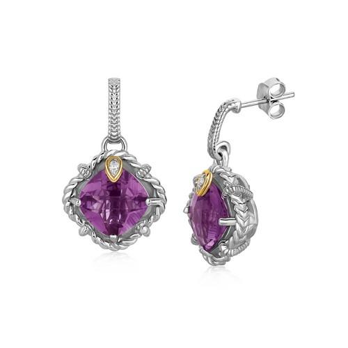 18K Yellow Gold & Sterling Silver Cushion Cut Amethyst & Diamond Stud Earrings for Women | Elegant Jewelry Gift for Birthday, Anniversary & Special Occasions