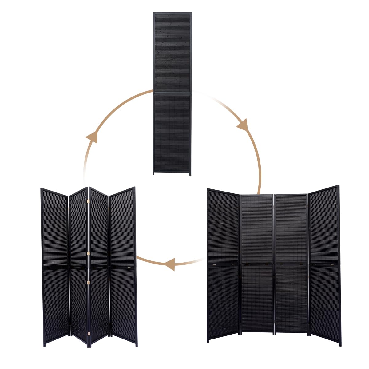 JVVMNJLK 4 Panel Bamboo Room Divider - Folding Privacy Screen & Wall Partition for Home Office, Bedroom Separation - Portable Freestanding Room Divider with Woven Mesh Design (Black) - Perfect for Creating Privacy in Living Rooms, Studios, and Workspaces