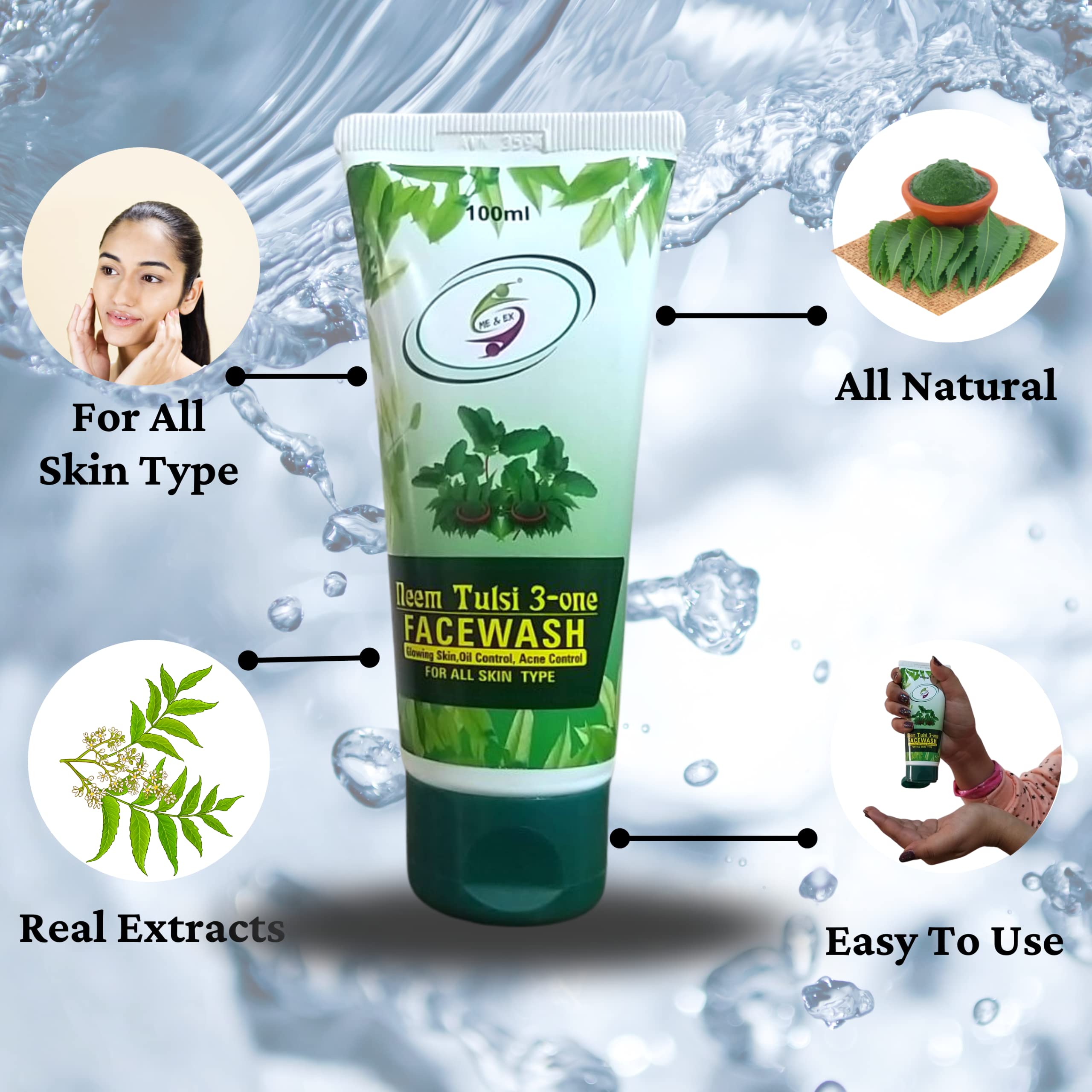 Me & Ex Neem Tulsi 3-in-1 Anti-Aging Face Wash for Glowing Skin | Oil Control & Acne Treatment | 100ml (Pack of 2) | Daily Cleanser for Oily & Acne-Prone Skin | Morning & Night Skincare Routine