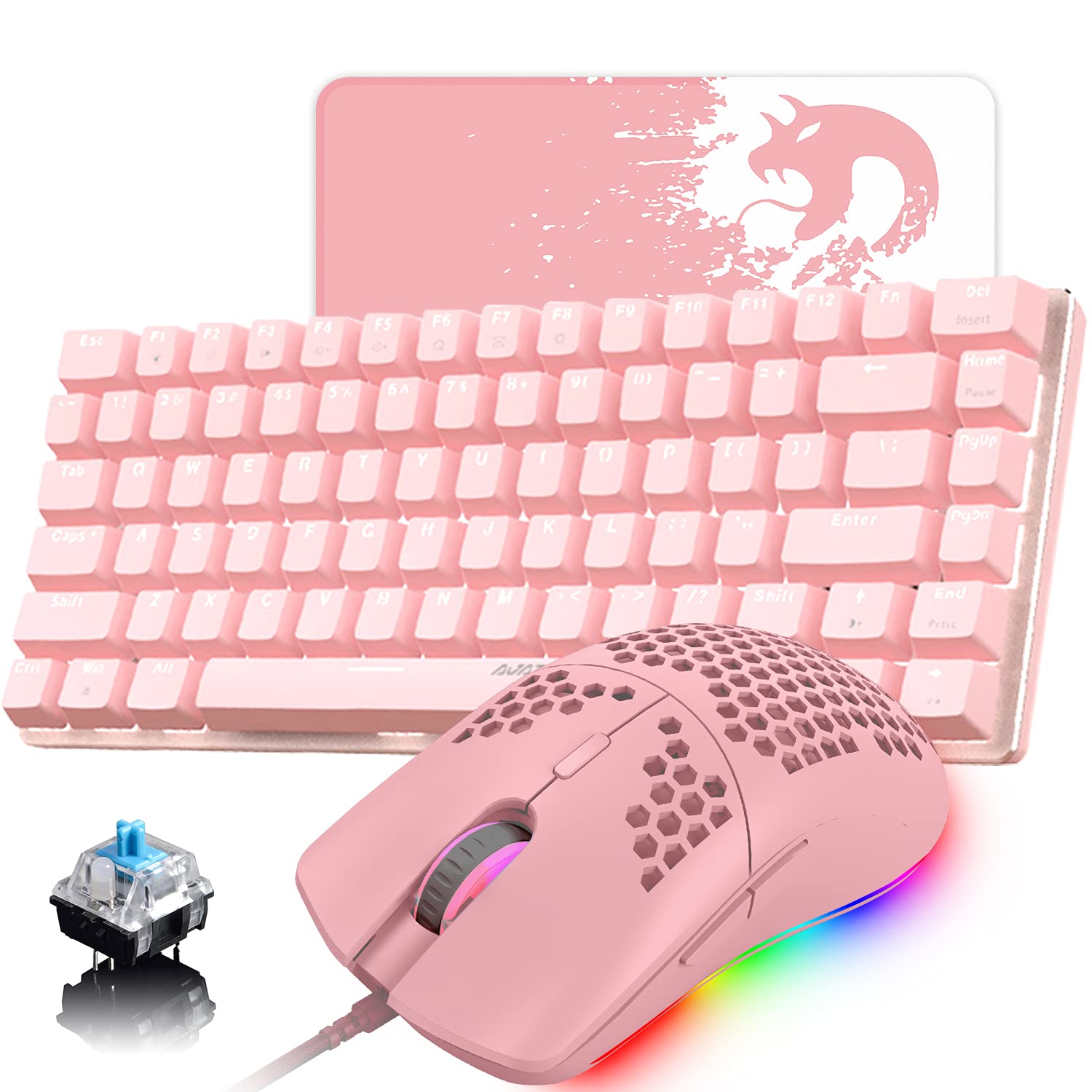 Pink Gaming Keyboard and Mouse Combo - 3-in-1 RGB Gaming Set with White LED Backlit Wired Keyboard, 6400 DPI Honeycomb Shell Mouse & Large Mouse Pad for PC Gamers (Pink) | Perfect for Esports, Streaming & Office Work