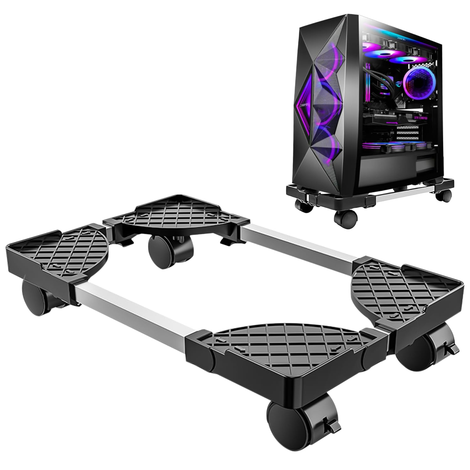 TOATELU Universal Aluminum CPU Holder with 2 Lockable Wheels & 360° Swivel Casters - Heavy Duty PC Computer Case Stand for Desktop Workstations, Gaming Rigs & Office Setups (Black)