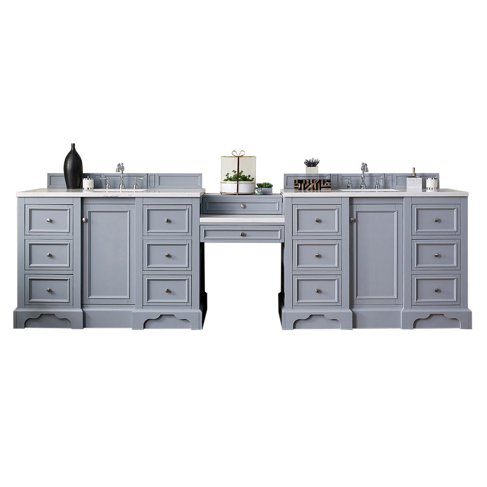 De Soto 118 Double Vanity Set with Makeup Table - Silver Gray Finish & 3CM Classic White Quartz Top | Elegant Bathroom Vanity for Master Suite, Guest Bathroom or Dressing Room Makeover