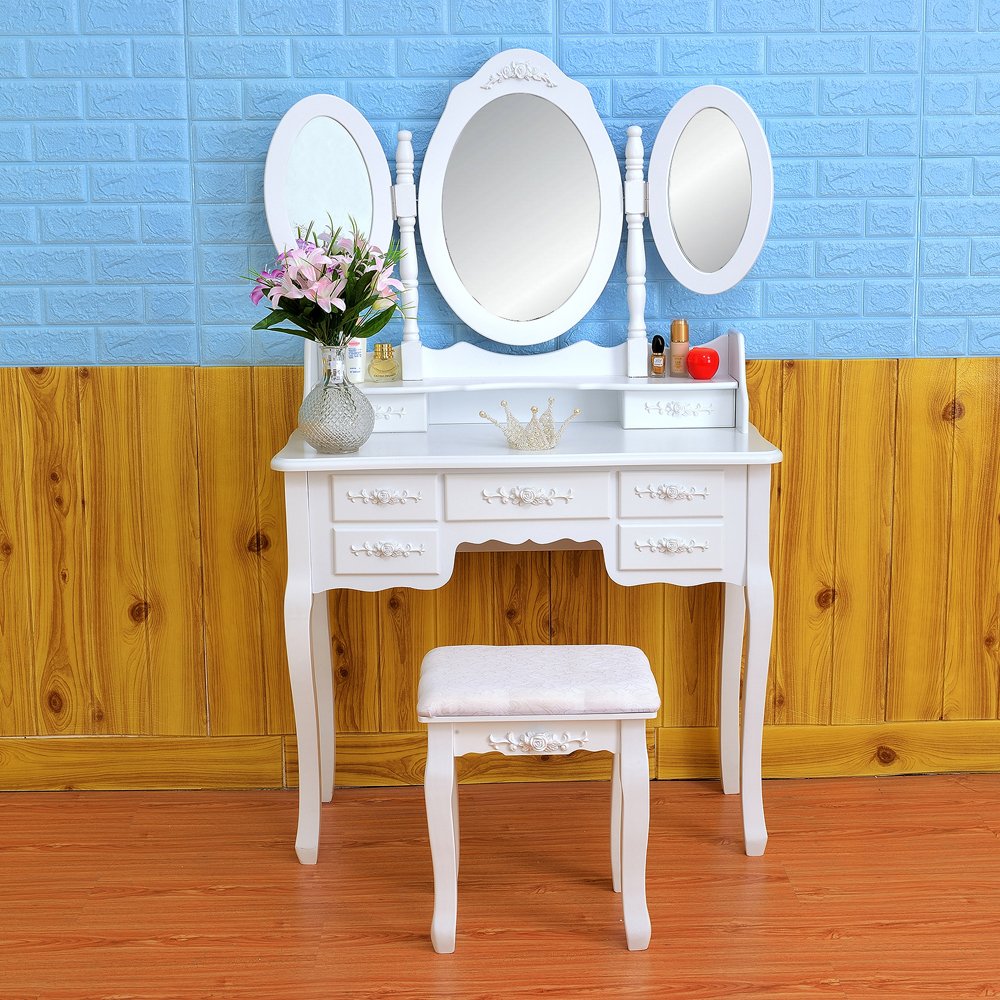 Modern Wooden Makeup Vanity Table Set with Removable Tri-Folding Mirror, 7 Drawers & Cushioned Stool - Elegant Dressing & Writing Desk for Women & Girls Bedroom | Perfect for Makeup, Skincare & Home Office Workspace