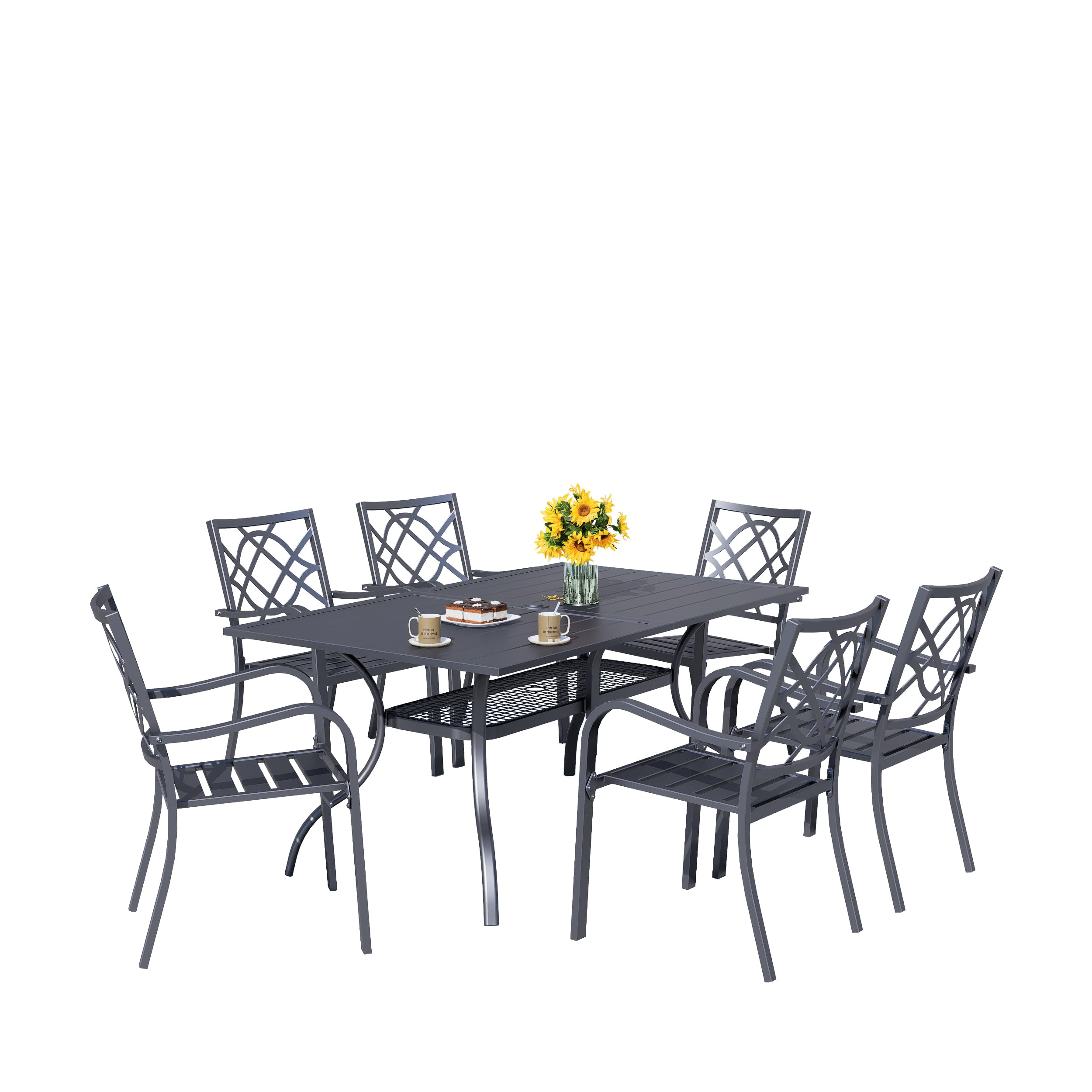 7-Piece Outdoor Patio Dining Set - Durable Metal Furniture with Rectangular Slatted Table (Umbrella Hole) & 6 Stackable Chairs - Perfect for Backyard, Garden, Poolside & BBQ Gatherings