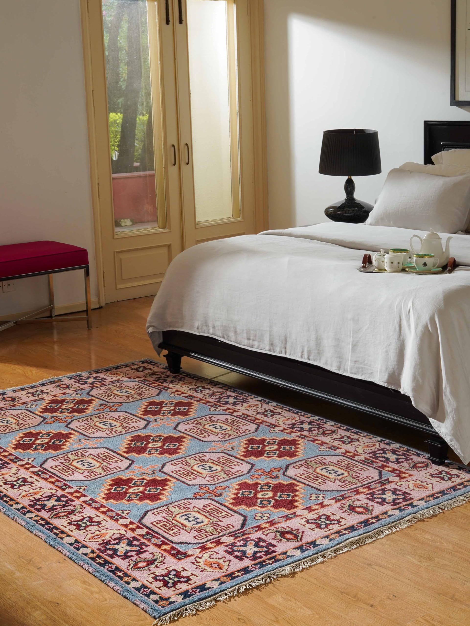 Hand Knotted Wool & Silk Eco-Friendly Oriental Area Rug 5'x8' Rectangle - Aqua Cream Traditional Design, Medium Pile Handmade Rug (AF0117) - Perfect for Living Room, Bedroom & Home Decor