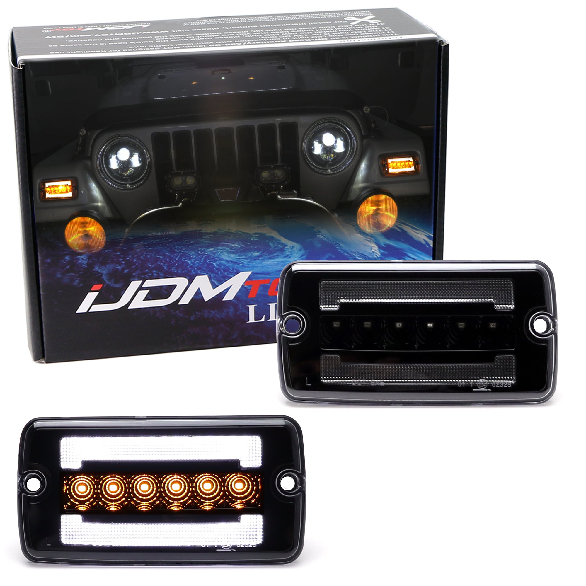 Jeep Wrangler TJ Clear Lens White LED DRL with Amber Turn Signal Lights - High Visibility Daytime Running Lights for Off-Road & City Driving
