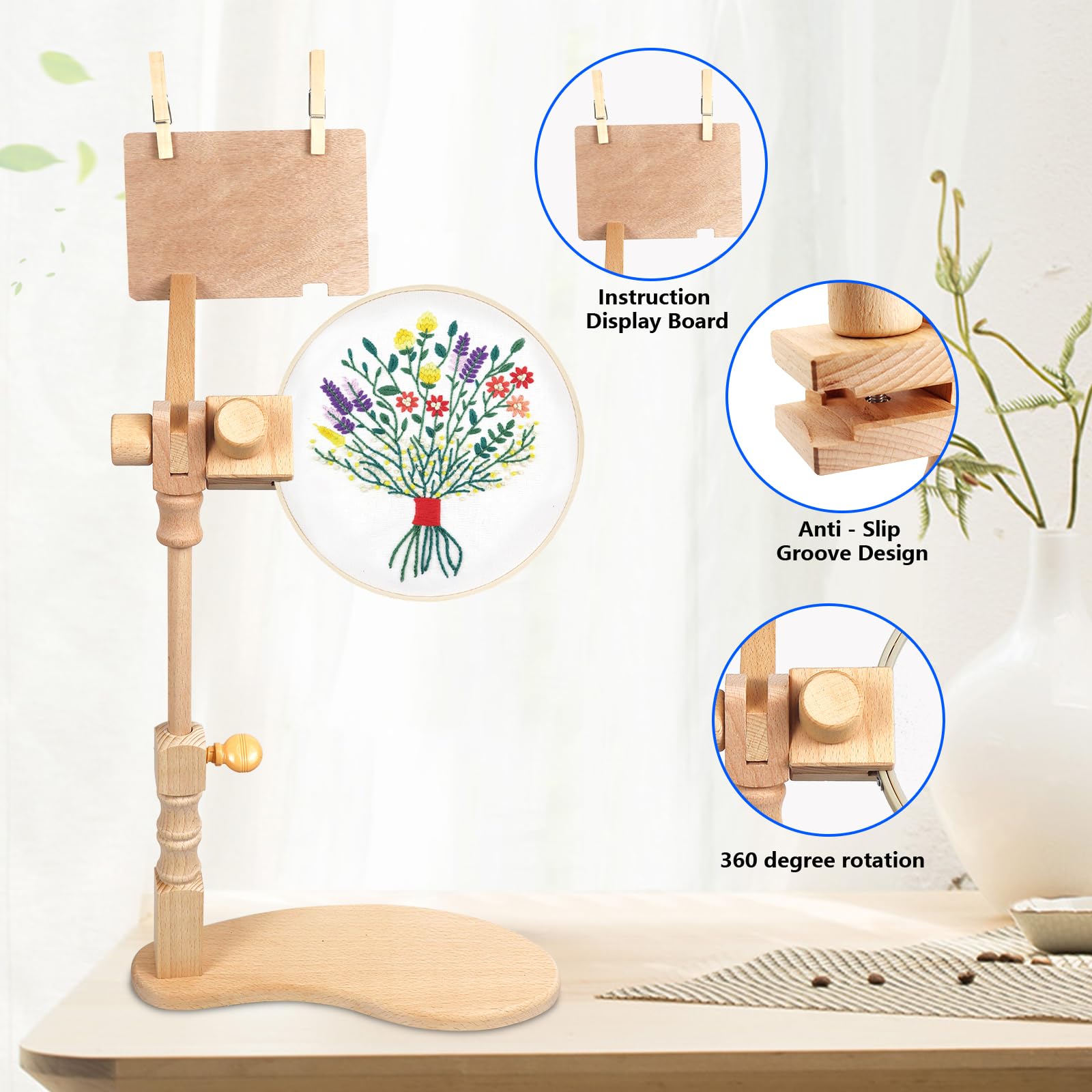 SolidGnik Small Wooden Embroidery Stand - Adjustable Rotating Cross Stitch Hoop Holder for Needlework - Perfect for Hand Embroidery, Cross Stitch Projects & Crafting at Home