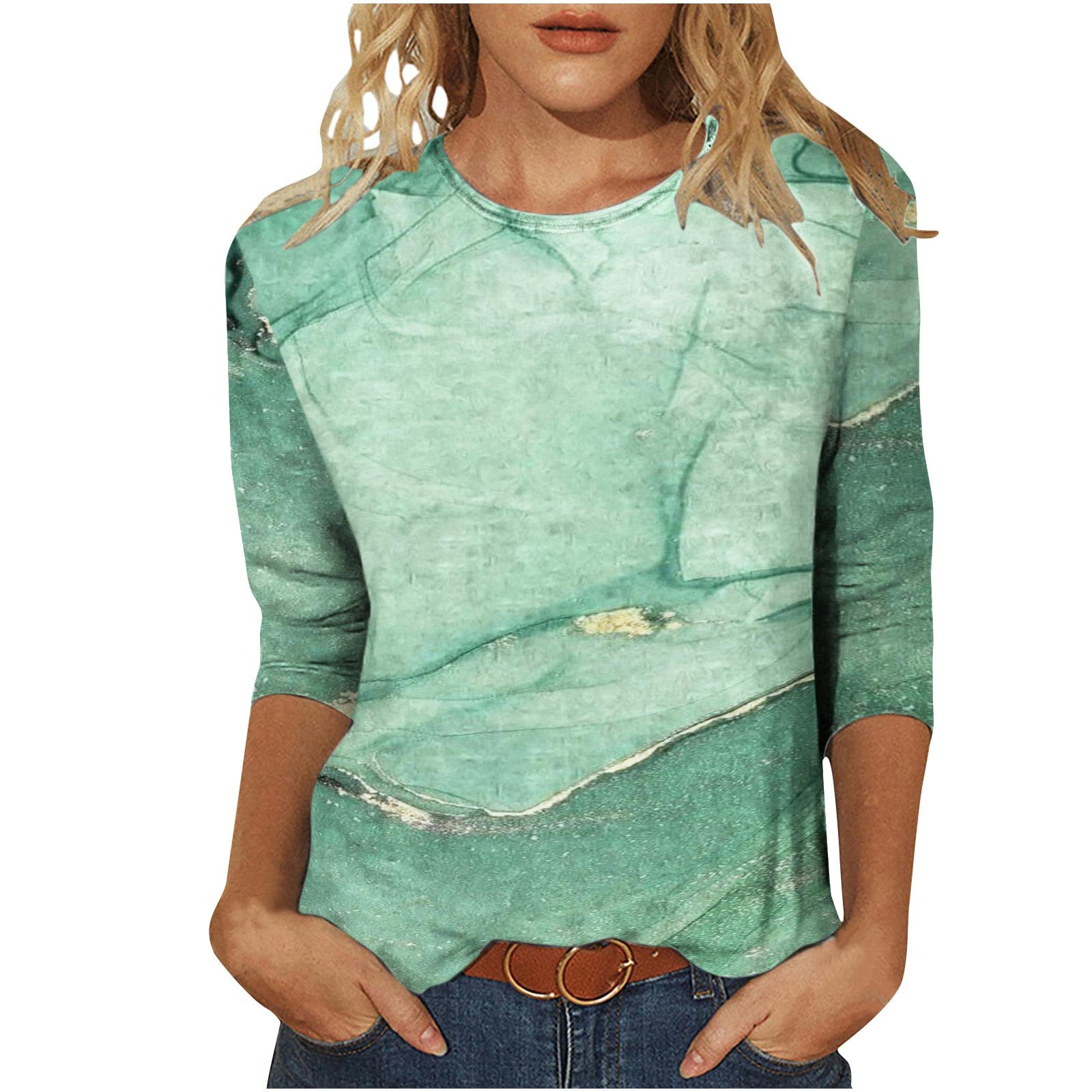 DOLKFU Women's Long Sleeve Tie Dye T-Shirt - Stylish Crewneck Tunic Top for Fall 2022 - Comfortable Fitted Blouse for Casual Wear, Work & Outings