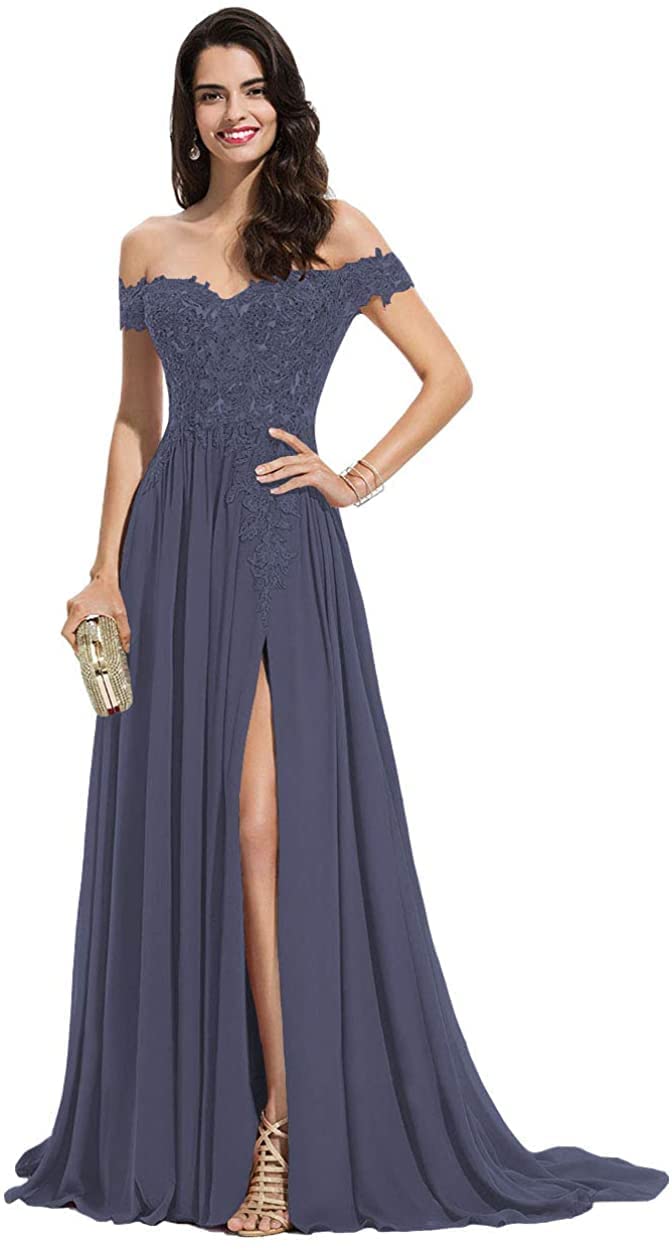Elegant Chiffon Off Shoulder Prom Dress with High Slit & Lace Applique - Women's Formal Evening Gown for Homecoming, Wedding Guest, Cocktail Party & Special Occasions