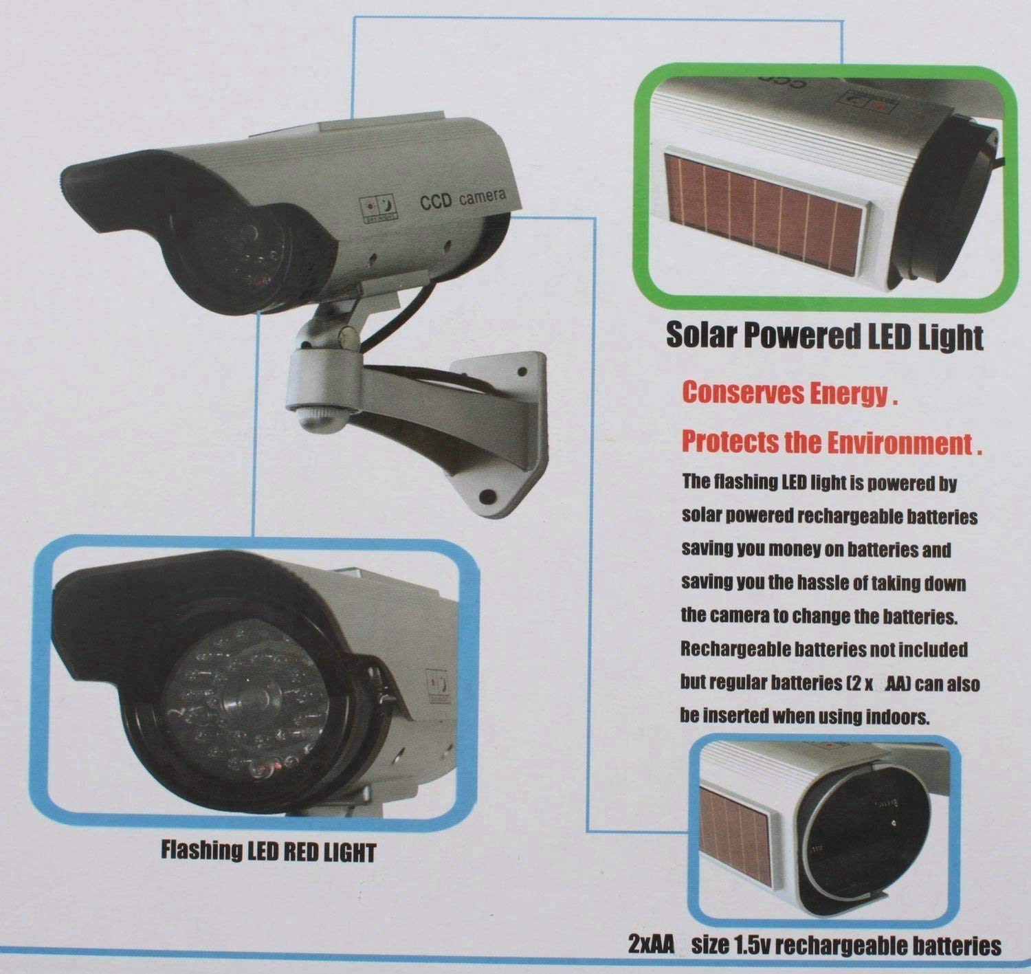 2 Pack Solar-Powered Fake Security Cameras with LED Light - Waterproof Outdoor Dummy CCTV Camera for Home, Yard & Business Deterrent (Day/Night Use)