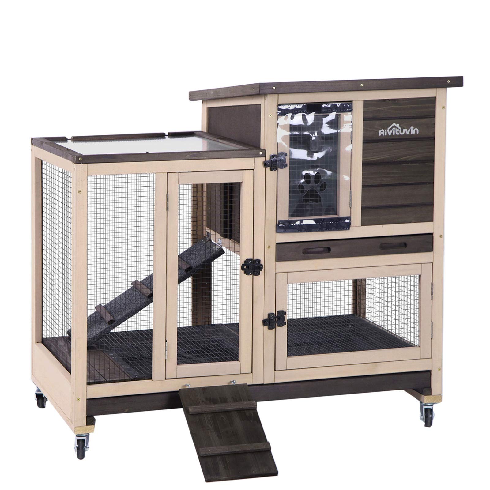 Aivituvin Upgraded Indoor Rabbit Cage with Run - 2 Deep No-Leak Trays & 4 Casters for Outdoor Use (Coffee Brown) - Perfect for Bunny Playtime and Secure Indoor/Outdoor Pet Housing