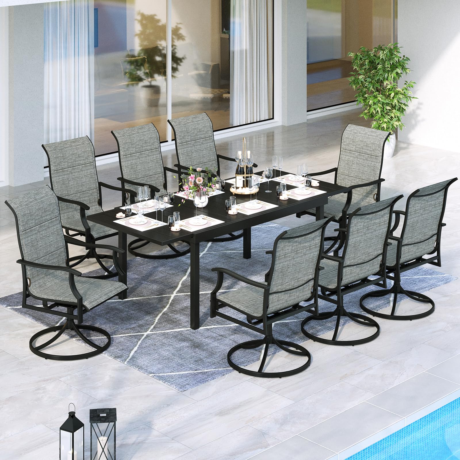 MFSTUDIO 9-Piece Outdoor Patio Dining Set - Expandable Black Metal Table with 10 Padded Textilene Swivel Chairs - Durable Garden, Poolside, Backyard & Porch Furniture for Entertaining & Relaxation