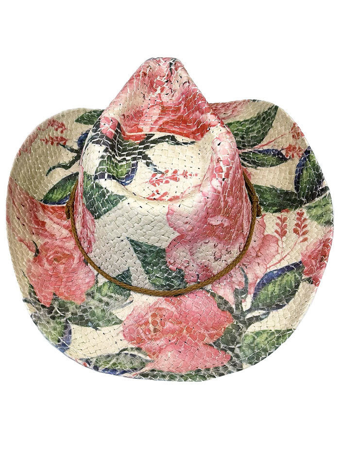 Rockmount 2131 Women's Floral Print Western Cowgirl Straw Hat - Pink & Green Sun Hat for Summer Outdoor, Beach, Country Music Festivals & Rodeo Events
