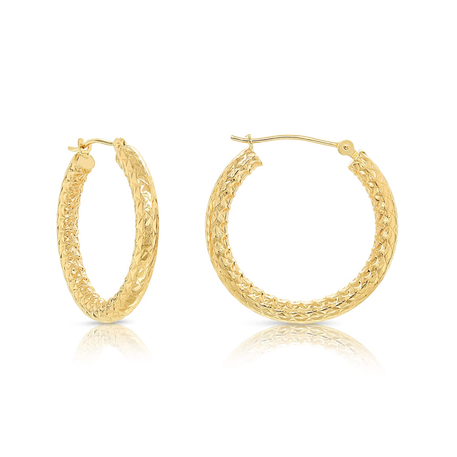 14K Yellow Gold Textured Round Hoop Earrings for Women - 3mm Thick Dainty Huggie Hoops - Perfect for Everyday Wear, Parties & Gifts