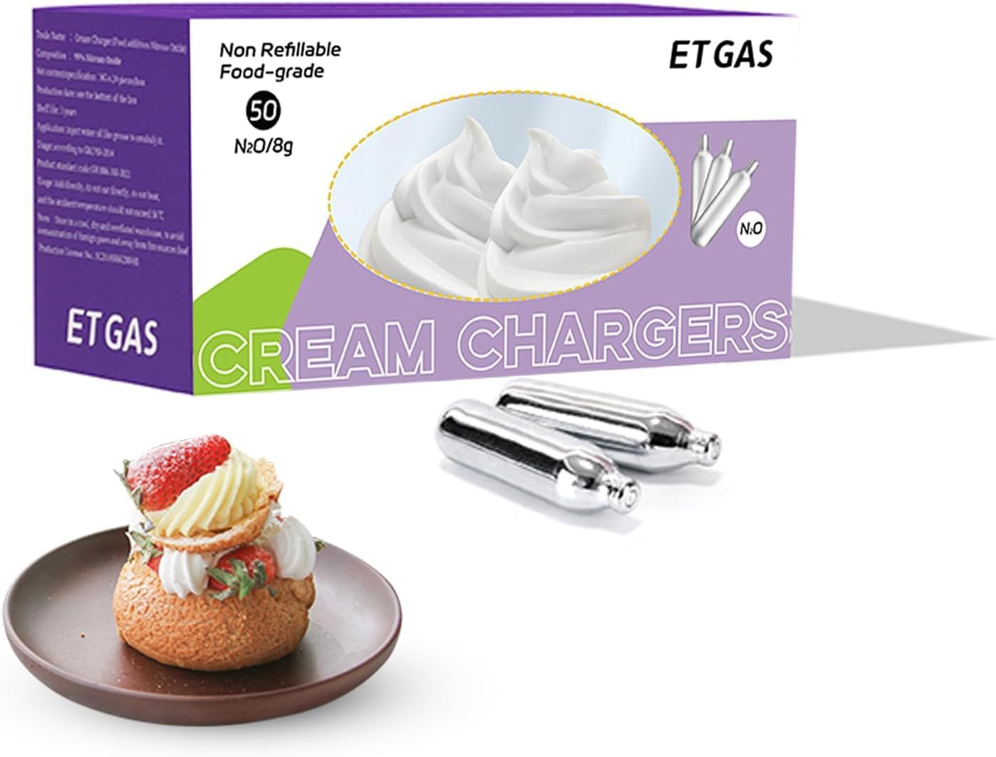 Premium 8g Nitrous Oxide Whipped Cream Chargers - 50-Pack for Professional Desserts & Cocktails | N2O Cartridges for Cream Dispensers, Baking & Catering Use