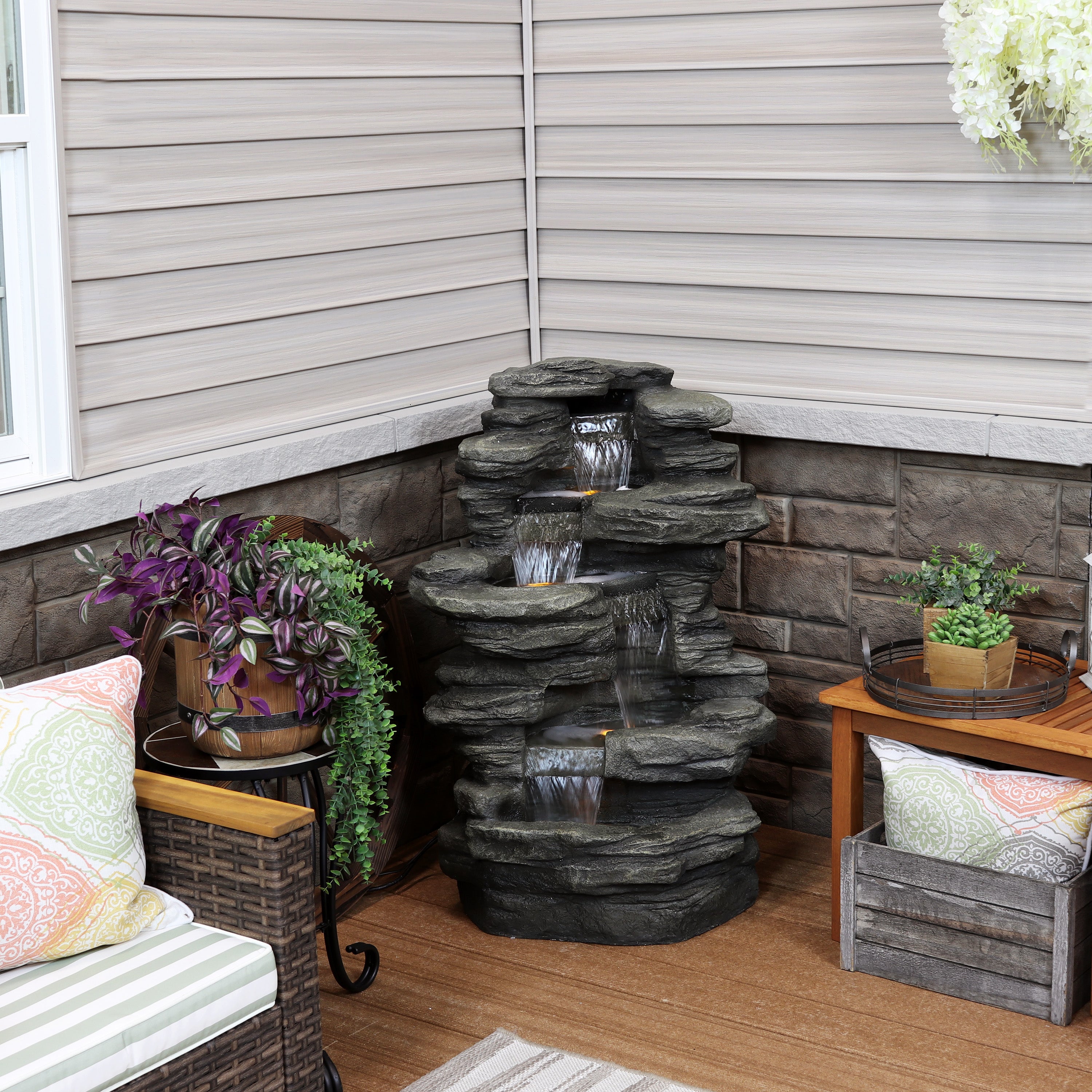 Sunnydaze Stacked Shale Outdoor Rock Waterfall Fountain with LED Lights - 38
