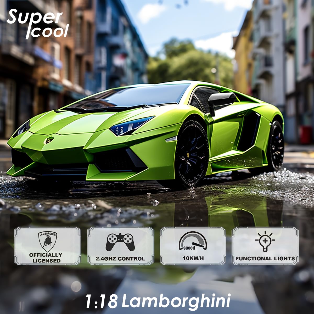 1:18 Lamborghini Aventador RC Car - 2.4GHz Remote Control Electric Racing Car, Licensed Model Vehicle for Kids & Adults | High-Speed Sport Toy for Indoor & Outdoor Play, Birthday Gifts, Hobby Collectors (Green)
