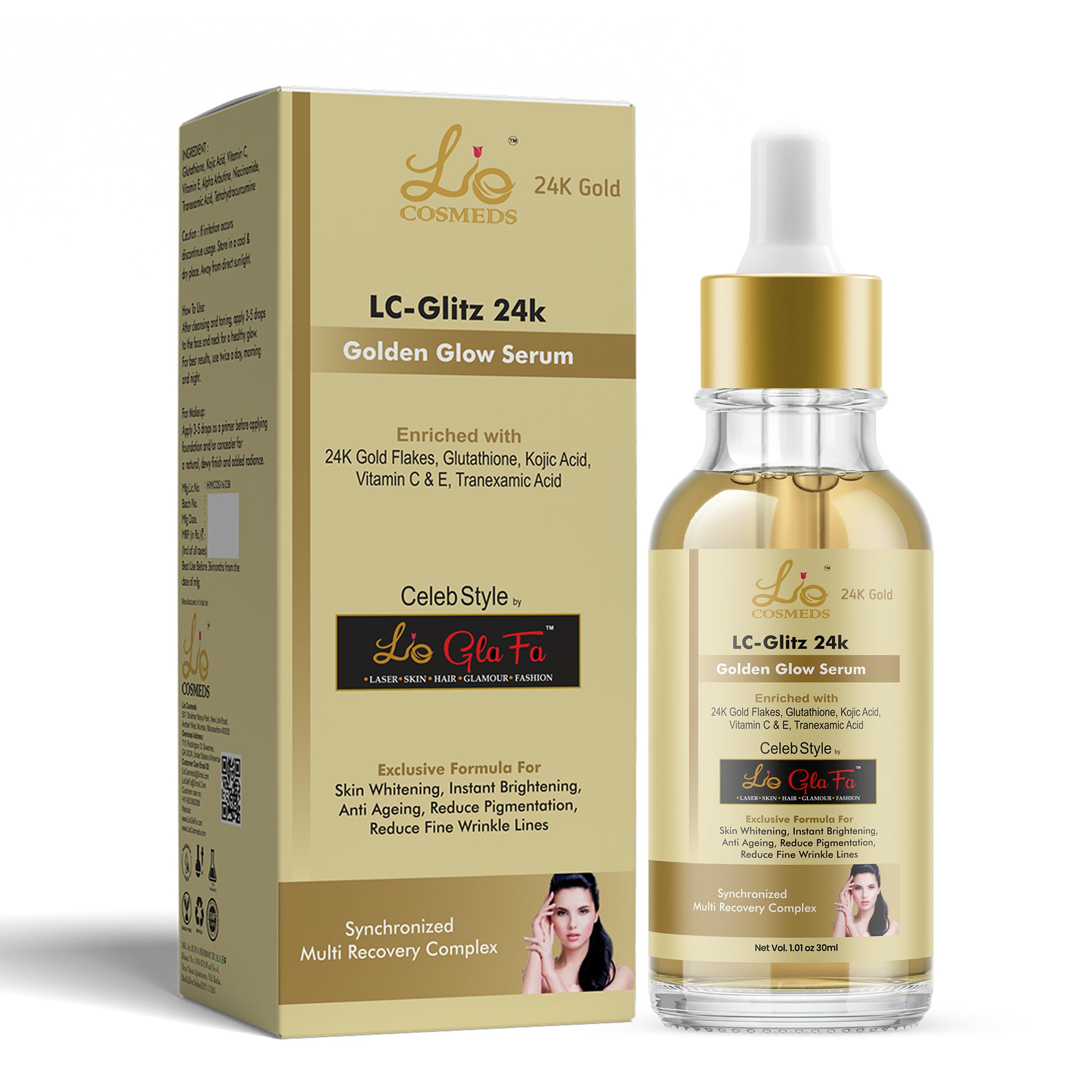 Lio Cosmeds Golden Glow Face Serum with Vitamin C, E, 24K Gold & Glutathione - Brightening, Anti-Aging, Wrinkle Reduction for Dry & Normal Skin | 30ml | Perfect for Night Routine & Daily Skincare Regimen