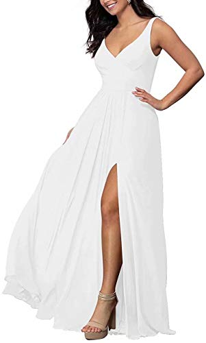 Elegant V-Neck Long Chiffon Bridesmaid Dress - A-Line Formal Gown with Side Slit for Women | Perfect for Weddings, Proms & Special Occasions