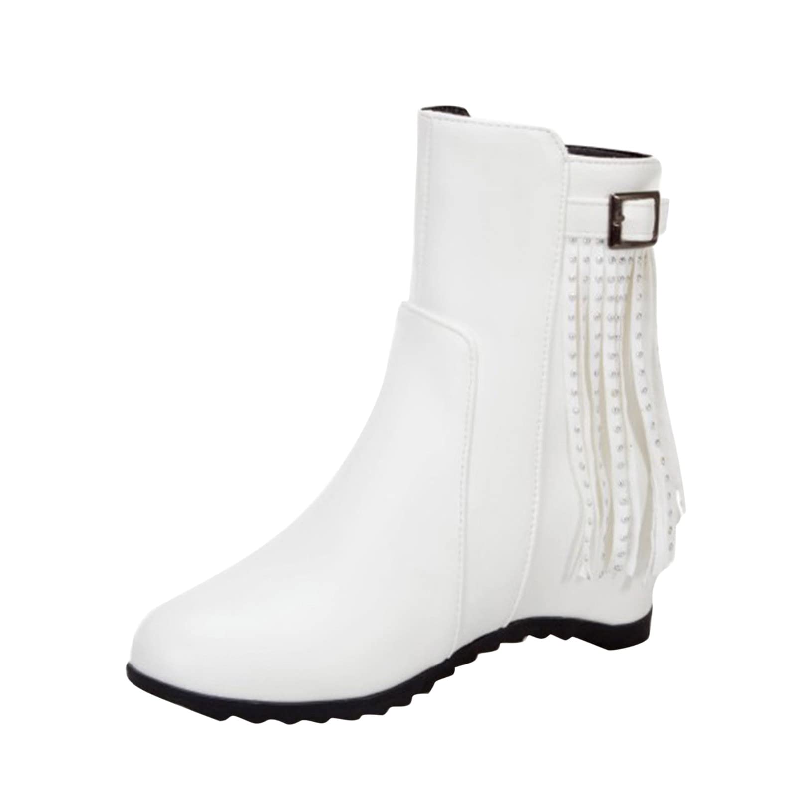 Women's Chunky Heel Ankle Boots with Leather Tassel Buckle & Side Zipper - Solid White Short Boots for Height Enhancement - Perfect for Casual Outfits, Office Wear & Night Out (Size 9)