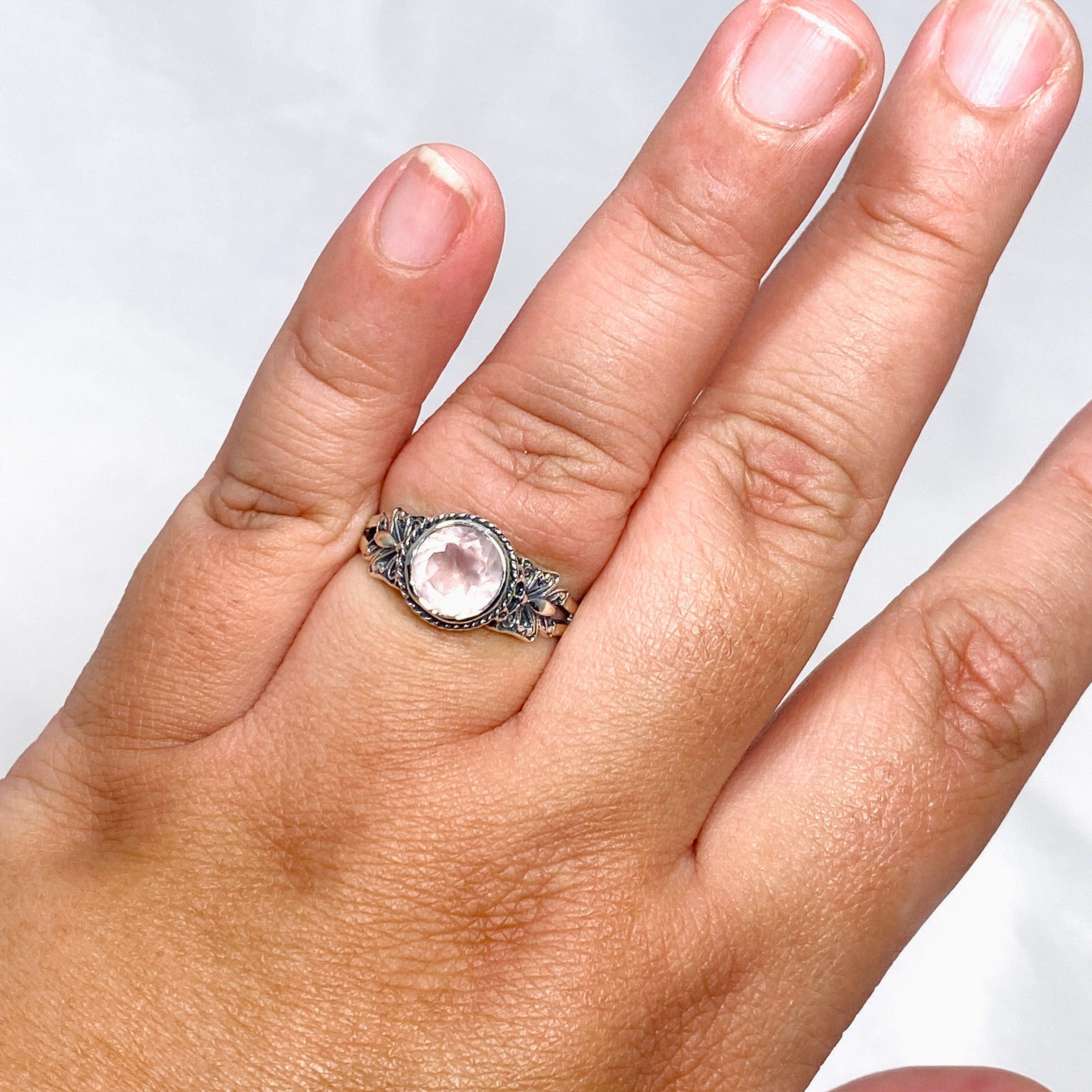 Rose Quartz Faceted Round Ring in Decorative Setting R3671 - Elegant Healing Crystal Jewelry for Women, Perfect for Meditation, Gifts & Spiritual Healing