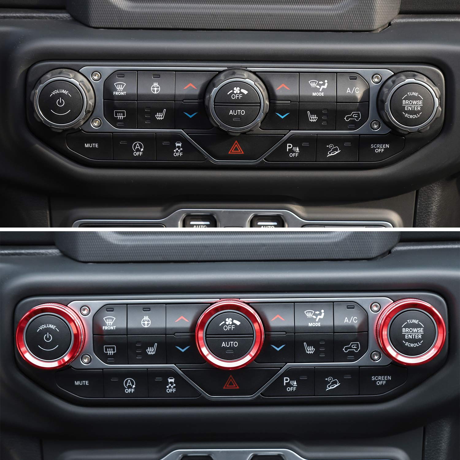 JeCar Aluminum Alloy AC Switch Knob Cover for 2018-2023 Jeep Wrangler JL/JLU & 2020-2023 Gladiator JT - Red Trim Upgrade for Climate Control Panel | Off-Road Accessory & Interior Customization
