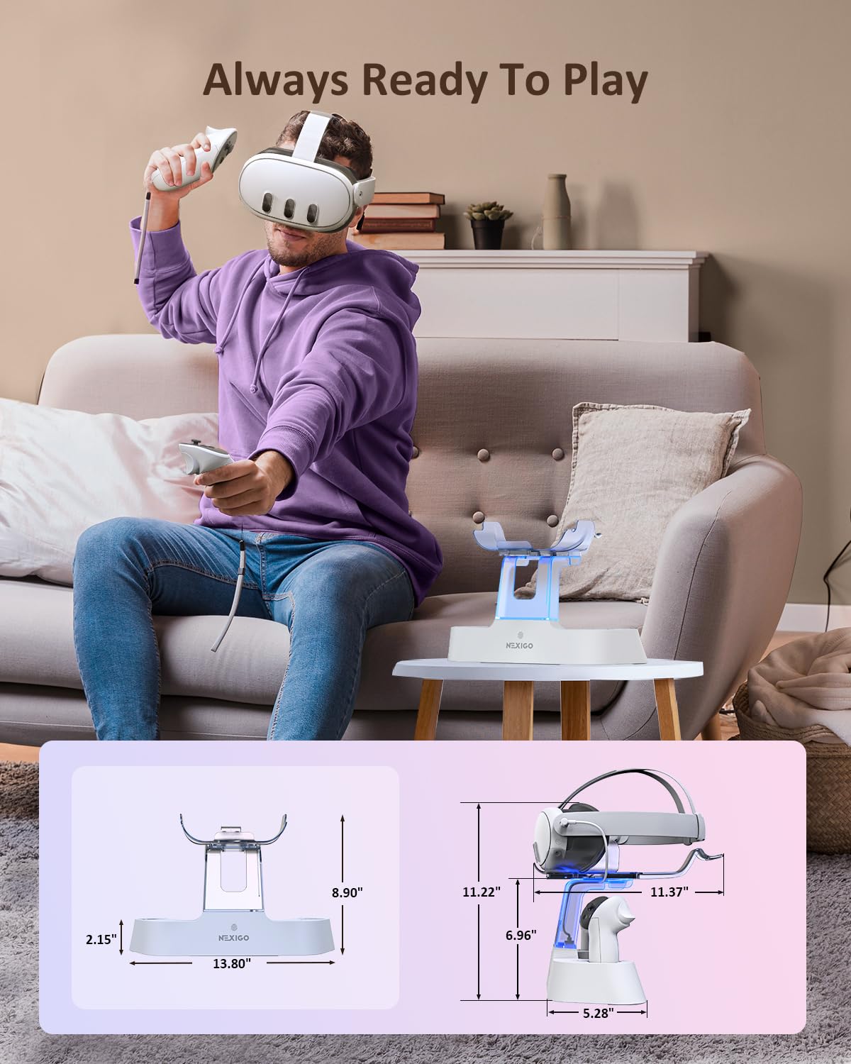 NexiGo Enhanced Charging Dock for Meta Quest 3 & 3S - LED Light Indicator, Elite Strap with Battery Compatible, Headset Display Stand & Controller Mount - Includes Rechargeable Batteries (White) - Perfect for VR Gaming Setup & Organized Storage