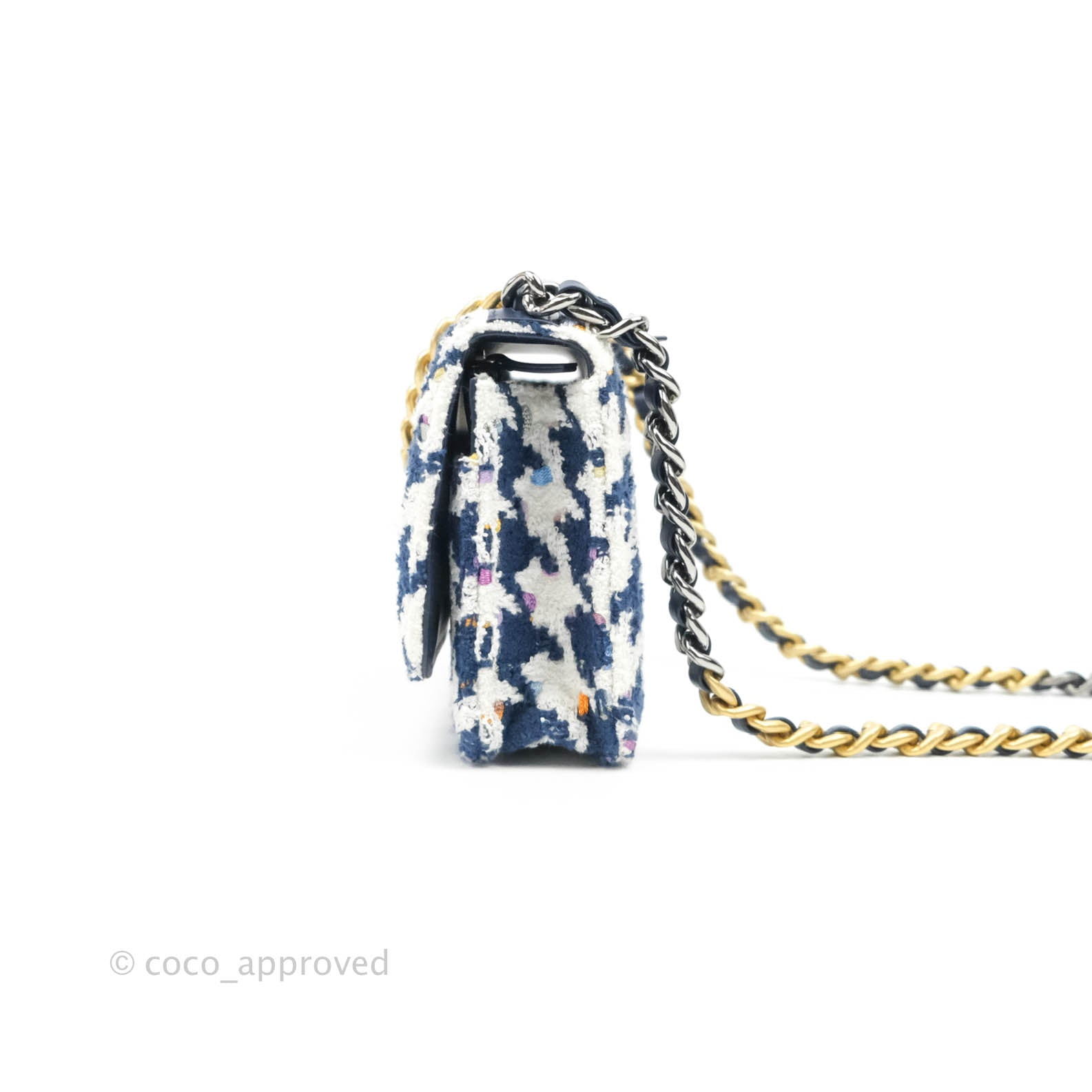 Chanel 19 Wallet On Chain WOC Quilted Houndstooth Tweed Blue White Crossbody Bag - Perfect for Evening Events, Date Nights & Luxury Fashion Accessories