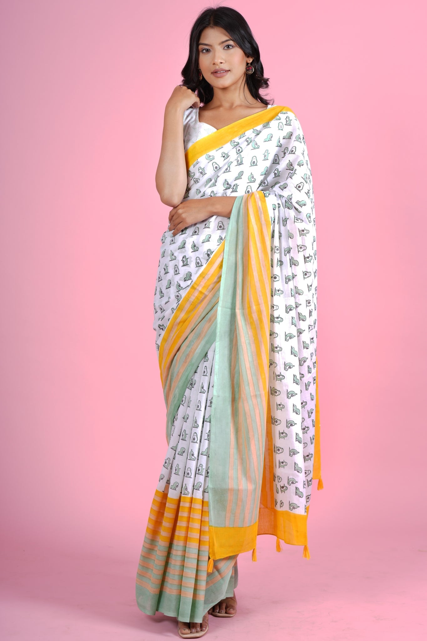 Little Green Penguins Handblock Print Mul Cotton Saree – Elegant Traditional Indian Saree for Women, Perfect for Weddings, Parties & Festive Occasions